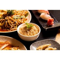Sapporo Teppanyaki voucher with images of sushi, noodles, rice bowl, and grilled dishes on elegant plates.