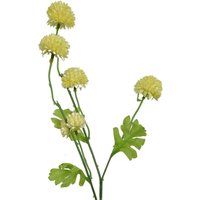 Yellow artificial dahlia pompom stem, 50cm, with multiple blooms and green leaves.