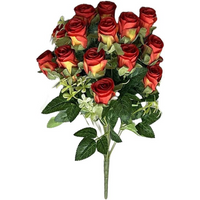Artificial red rose bunch with green leaves, 52cm tall, featuring vibrant red petals and realistic foliage.