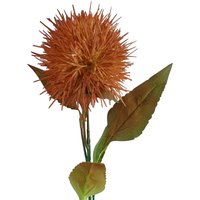 Yellow ball artificial flower stem with spiky globe thistle head and green leaves on a 70cm stem.
