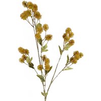 Yellow artificial Craspedia stem, 85cm, with multiple round blooms and green leaves on slender branches.