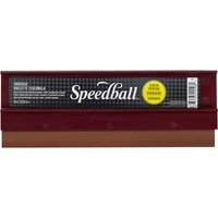 9-Inch Speedball craft paper squeegee with maroon handle and brown 65 durometer rubber blade.