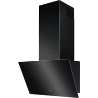 Black AEG 60cm angled extractor hood with sleek glass panel and chimney design.