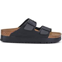 Black Birkenstock Arizona sandals with two adjustable straps and cork footbed.