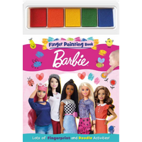 "Barbie Finger Painting Book with colorful paints, featuring Barbie and friends on cover with doodle activities."