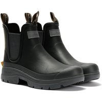 Black and ochre Barbour Nimbus Chelsea men's wellington boots with pull tabs and textured soles.