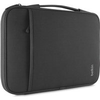 Black Belkin laptop sleeve case, 11-inch, with zipper closure, front pocket, and subtle logo on the side.