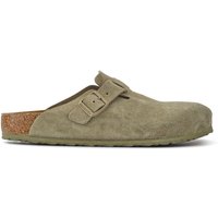 Khaki suede Boston Clogs by Birkenstock with adjustable strap and cork footbed.