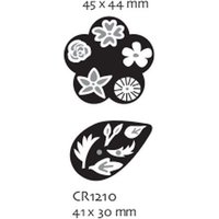 "Black and white Marianne Design 'Bouquet' die set with floral patterns, includes flower and leaf shapes, sizes listed."