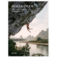 "Cliffhanger book cover featuring a climber hanging from a rocky overhang above a scenic river landscape"
