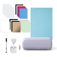 Cricut Joy Xtra Electronic in lavender with cutting mat, assorted vinyl sheets, pen, and crafting tools.