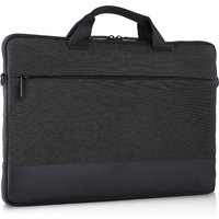 Black Dell laptop sleeve with textured fabric, zippered front pocket, and dual handles for 14-inch laptops.
