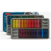 Derwent Inktense Block Tin Set of 72 with vibrant colored blocks in two trays, housed in a sleek blue tin.