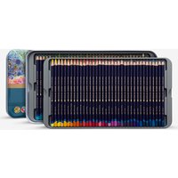 Derwent Inktense Pencil Tin Set of 72 with vibrant colored pencils in a sleek metal case, showcasing a full spectrum of hues.