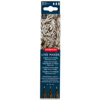 Derwent Line Maker Black 3-pack with fine nibs, blue packaging, and intricate line art design.