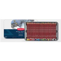Derwent Pastel Pencil Tin Set of 36 with colorful pencils in a silver tin featuring a parrot illustration on the lid.