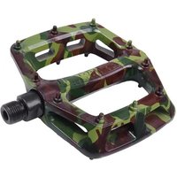 DMR V6 Plastic Pedals with camo pattern, rectangular shape, metal pins, and black spindle.