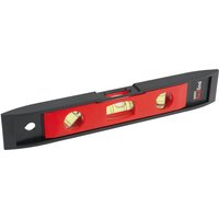 Red and black Draper 230mm spirit level with magnetic base and three yellow bubble vials.