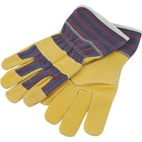Yellow Draper Young Gardener Gloves, Size 6, with striped blue and red cuffs and reinforced palms.
