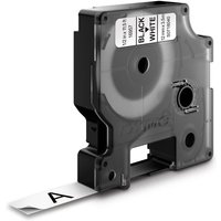 Black Dymo label cassette with white nylon tape, 12mm width, showing black text "A" on extended tape.