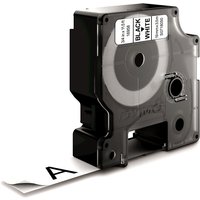 Black Dymo label cassette with visible white tape, marked "Black on White," size 19mm, compact and rectangular design.