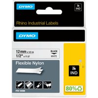 DYMO IND Flexible Nylon label tape, 12mm x 3.5m, black on white, in a gray and yellow package.