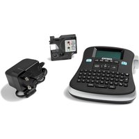 Black DYMO LabelManager 210D+ with QWERTY keyboard, LCD screen, power adapter, and label cartridge.