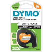Dymo LT Fabric Iron-On label refill, black plastic casing, white label tape, 12mm x 2m, in blister packaging.