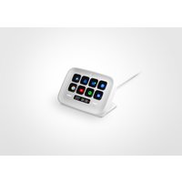 White Elgato Stream Deck Neo with 8 customizable buttons on a tilted stand, connected via a white cable.