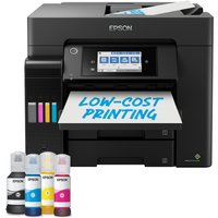 Black Epson EcoTank ET-5855 inkjet printer with touchscreen, paper tray, and four ink bottles in cyan, magenta, yellow, black.