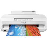 White Epson Expression Photo XP-65 inkjet printer with front paper tray, printing vibrant landscape photo.