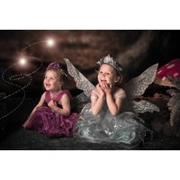 Children in fairy costumes with wings and tiaras, surrounded by magical glowing lights and a large mushroom.