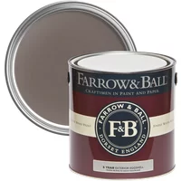 Farrow & Ball paint can, maroon label, London Clay No. 244, open lid showing brown color, for wood and metal surfaces.