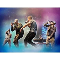 Band "Five" performing on stage with colorful lights, members singing and dancing, keyboardist in the background.