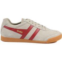 Beige suede trainers with burgundy stripes, gum sole, and gold Gola logo on the side.