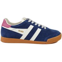 Navy suede trainers with white stripes, gum sole, and pink heel detail by Gola Classics.