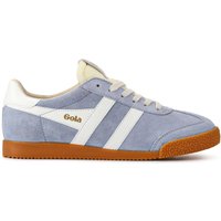 Blue-white Gola Elan leather trainers with white stripes, gum sole, and lace-up design.