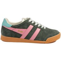 Gola Elan leather trainers in khaki with pink stripes, white laces, and gum sole, featuring teal heel accent.