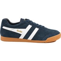 Navy leather trainers with white stripes, gum sole, and gold Gola logo on the side.