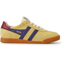 Yellow Gola Elan leather trainers with purple stripes, red heel, and gum sole.