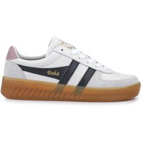 White leather trainers with black stripes, gum sole, and pink heel accent by Gola.