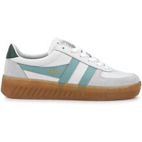 White leather trainers with green stripes, gum sole, and green heel tab.