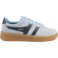 Pale blue suede leather trainers with dark blue stripes, gum sole, and gold Gola logo.