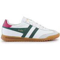 White leather trainers with emerald green stripes, gum sole, and pink heel detail by Gola.