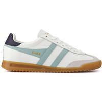 White leather trainers with green stripes, gum sole, and navy heel detail by Gola.