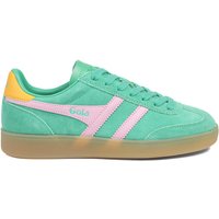 Green Gola Viper leather trainers with pink stripes, yellow heel accent, and gum sole.