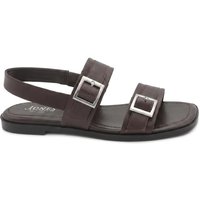 Brown leather sandals with dual silver buckle fastenings and a slingback strap.