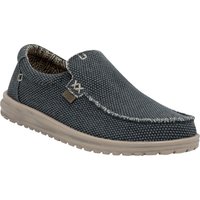 Deep blue braided textile loafers with tan sole, slip-on design, and visible stitching.