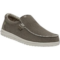 Brown HEYDUDE Mikka loafers with braided textile, white stitching, and cushioned white sole.