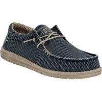 Blue braided polyester loafers with beige sole, lace-up design, and HEYDUDE logo on tongue.